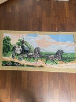 Unfinished project. French vintage tapestry: horses and carriage. Country scene