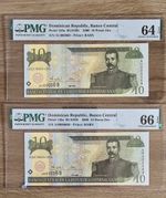 MATCHING FANCY LOW SERIAL NUMBER BANKNOTES UNDER 100 DOMINICAN 2 x 10 Pesos #69