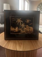 Vintage Asian Straw Art Wall Pictures Pair Framed Palm Tree Boat Scene MCM Decor