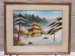 Vintage Asian Silk Embroidery Art Japanese Temple  Landscape Handcrafted Textile