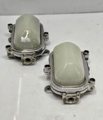 Mid Century Aluminum Nautical Ship Wall Bulkhead Lights White Glass Pair