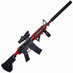 M4-style gel ball blaster with a metallic red handguard, receiver extension