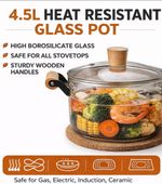 Transparent Heat-Resistant Glass Soup Pot 4.5L with Lid and Dual Handles