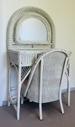 Vintage Wicker Dressing Table Mirror, chair Bamboo Rattan Cane, Boho Tiki Style