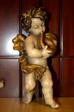 ANTIQUE 9" HAND CARVED WOOD FLYING WALL ANGEL CHERUB PUTTO STATUE SCULPTURE GIFT