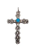 Vtg Southwestern Style 925 Silver Engraved Cross Pendant w/ Turquoise Stone