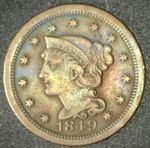 1849 Large Cent * Solid VF; Red Brown with blue/yellow toning; fingerprint
