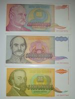 Yugoslavia 500, 50 & 5 billion Dinars - Lot of 3 1993 hyperinflation banknotes