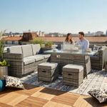 8-Seater Rattan Furniture Set with Fire Pit Table and Side Table & Stool Grey