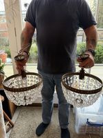 Pair Of Vintage French Crystal Bag Chandeliers with Glass Prisms Used