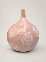 Large Pink Ceramic Vase With Raised Rose Motif Decorative Vessel