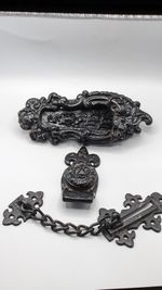 Antique Set 19th Century Cast Iron Letter Box & Door Knocker, Holder, Chain