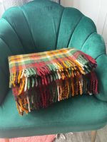 Otterburn Mill Vintage Red Green Orange  Plaid Check Tassel 100% Wool Blanket