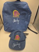 Signed Brisbane Broncos Allan Langer Flexseam Cap And Bag Blue No Coa