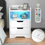 Bedside Table Nightstand USB Charger Outlet RGB LED 2 Drawers Storage