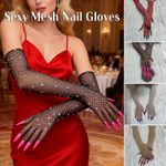 Mesh Rhinestones Gloves Sexy Drag Queen Cosplay Dance Nightclub Nail Gloves