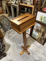 Vintage Pine Church Donation Box On Stand Made In England with Sliding Lid VGC