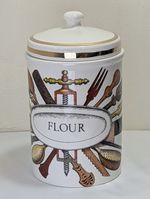 LARGE Fornasetti Milano Ceramic Utensils Pattern Flour Lidded Jar Decorative Art