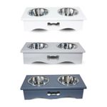2020 Luxury Dog Food Feeding Stand Station Stainless Double Raised  Bowls Wooden