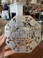 Antique Octagonal Sterling Silver Overlay Glass Trivet Art Nouveau Flower Tray
