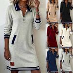 Women Zip V Neck Pockets Jumper Dress Casual Long Sleeve Loose Dresses PLUS SIZE