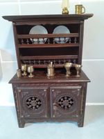 Antique  Breton Miniature Wooden Dresser with Doors. Including Brass Kitchenalia