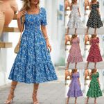 Womens Summer Boho Floral Long Beach Holiday Swing Short Sleeve Stretch Dress UK