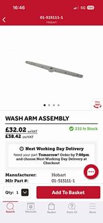 Hobart Commercial Dishwasher Wash/Rinse Arm Assembly 01-515111-1
