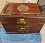 Wood Treen Jewellery Trinket Box with Brass-Coloured Fittings & Lined Interior