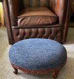 Walnut Carved Cabriole Leg Large Footstool. Blue Chenille Upholstery
