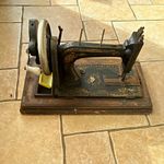 Antique Mechanical Hand Crank Sewing Machine on Wooden Base, Black Gold Decals