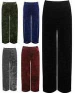 WOMANS PLAIN VELOUR VELVET ELASTICATED WIDE LEG TROUSER LADIES POCKET PALAZZO