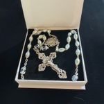 CHAPEL 925 Sterling Silver Silvery Pearl & Topaz Blue Crystal Catholic Rosary