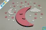 WOODEN LED NIGHT LIGHT PINK MOON & 30 STARS CLOUD MOON KID'S ROOM BABY NURSERY