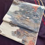Japanese Silk Fukuro Obi Blue Gray Lavender Landscape Rokutsu Sash 425 cm