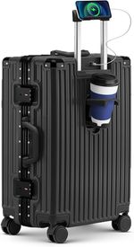 24 Inch Aluminum Frame Zipperless Luggage TSA Lock USB Cup & Phone Holder