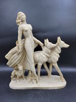 Vintage Santini Alabaster Art Deco Figurine Statue Woman Walking Borzoi Dogs 