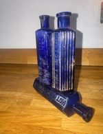 3x Blue Glass Poison Bottles Embossed, Victorian Bottles