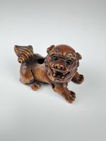 Foo Dog Shishi Lion Netsuke Boxwood Hand Carved Signed Japanese Tomotaka