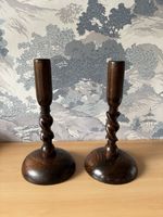 Pair of Vintage Wooden Barley Twist Candle Sticks Circular Base Wood 27 cm