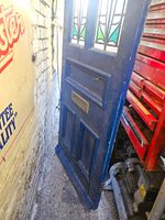 Antique Original 1900s Art Nouveau Blue Wooden Stained Glass Salvage Door