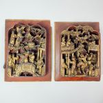 Oriental Imperial Court Figures CARVED WOODEN PLAQUES Pair Antique Intricate