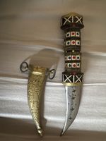 Vintage Middle Eastern Style Curved letter opener & Sheath Inlaid Handle 