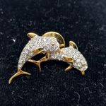 Signed SWAROVSKI Crystal Dolphin Gold Metal Brooch Two Dolphins Brooch Lapel Pin