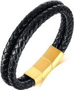 Men's Leather Multilayer Braid Bracelet Black / Gold Wristband Bangle Cuff Gift