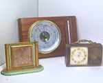 Wooden Wall-Mount Aneroid Barometer with Thermometer Plus Two Vintage Clock