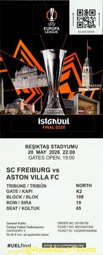 reproduction 2026 ASTON VILLA FREIBURG europa league final PERSONALISED ticket