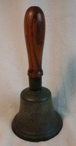 Vtg Brass Hand Bell Wooden Handle School Town Crier Air Raid Alarm 23cm Patina