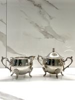 Vintage Silver-Plated Creamer & Lidded Sugar Bowl Set Footed Baroque Serving Set