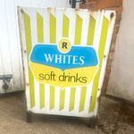 R Whites Soft Drinks Advertising Bin Original Yellow & White Striped Metal